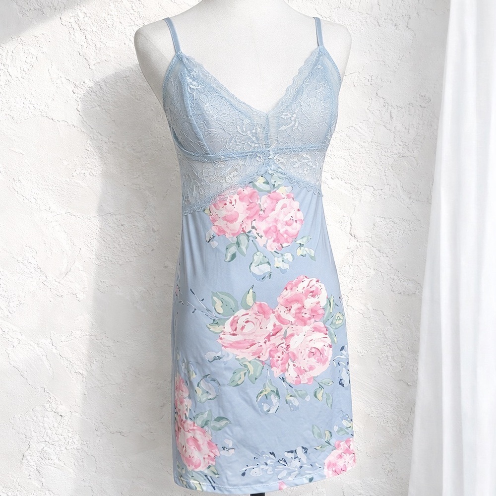 La vie  en rose baby blue floral mini slip dress S coquette cottage